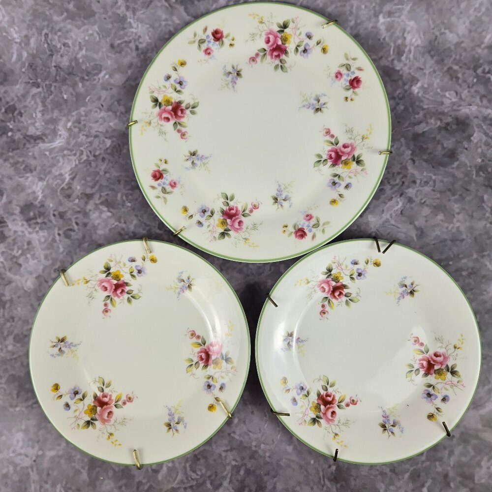 Vintage Royal Vale Set of 3 Plates Floral Green Rims Plate Hangers Attached